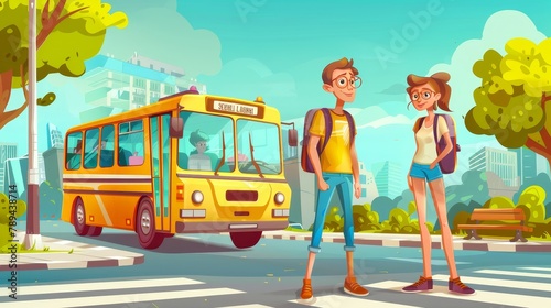 Cartoon illustration of a school bus stopping for a kid student on the road. Fellow students wait for their retro bus to take them to kindergarten in safety. School children driving on the road with photo