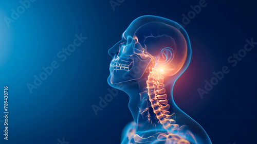 Blue 3d x-ray anatomy of a man with neck pain or injury problem. Sore spine back medical health problem, tension and inflammation concept, suffering from arthritis, copy space photo