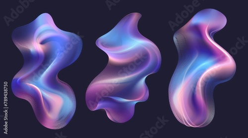 A blurred holographic abstract blur spot. Modern 3d chameleon aura shape gradient texture. Graphic design isolated set. Pastel fluid paint with colorful blurry dynamic brush strokes.