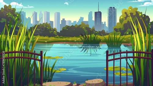 City park with reeds and grass in early morning. Lake near metal fence at sunrise. Panoramic view of the city skyline.