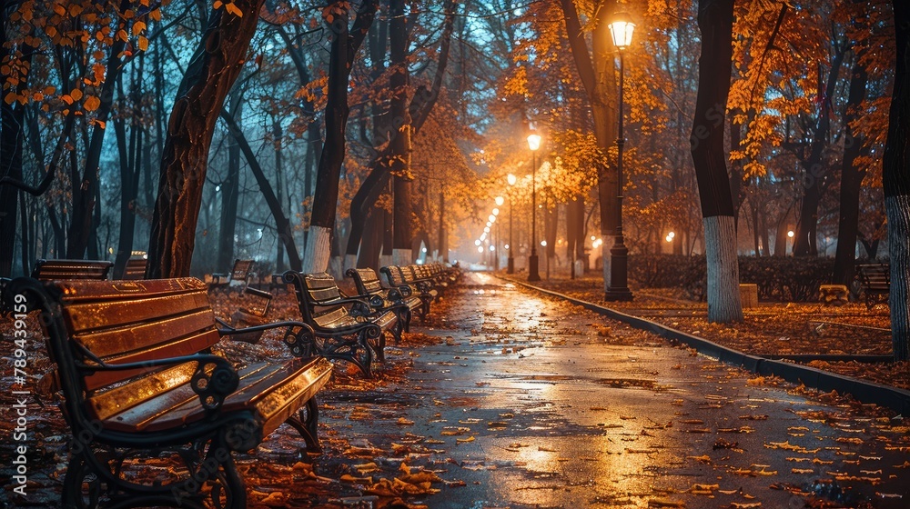 A park with benches and trees and a path. The path is wet and the leaves are falling