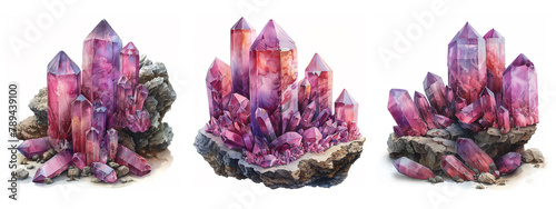 Colorful watercolor crystals. Hand drawn purple amethyst crystals grow from grey pebble, beautiful watercolor glass polygons illustration set. Watercolor crystals