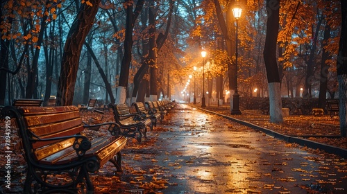 A park with benches and trees and a path. The path is wet and the leaves are falling