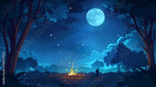 Modern landscape illustration of a man lost alone in paradise valley with full moon and star in dark sky. © Mark