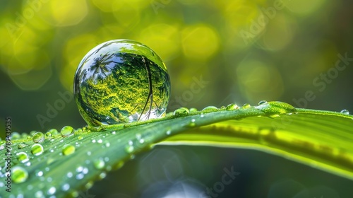 Macro Reflection of the Jungle in a Water Droplet on a Tropical Leaf