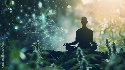 Harmonious Balance: Meditative State with Medicinal Cannabis Leaves and CBD Molecules photo