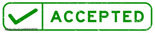 Grunge green accepted word with right check mark icon square rubber seal stamp on white background