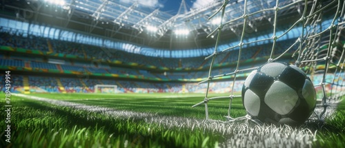 3D rendering of soccer ball with net in stadium.