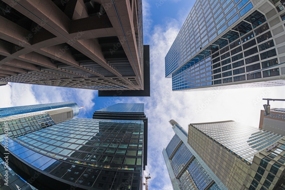 Image of the Frankfurt skyline taken vertically upwards against a blue sky