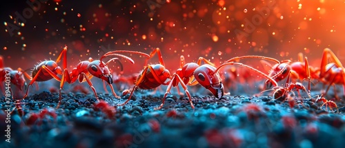 Ant Battleground: A Vivid Dance of Red and Blue Hues. Concept Ant Behavior, Colony Dynamics, Insect Communication, Animal Territories photo