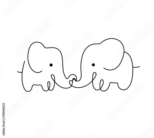 Vector isolated two elephants kiss with trunks side view one single contemporary line colorless black and white contour line easy drawing