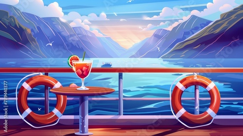The view from the cruise ship deck in summer on a mountain landscape cartoon background. The marina of the luxury vessel with a cocktail and lifebuoy at the end of the pier. photo