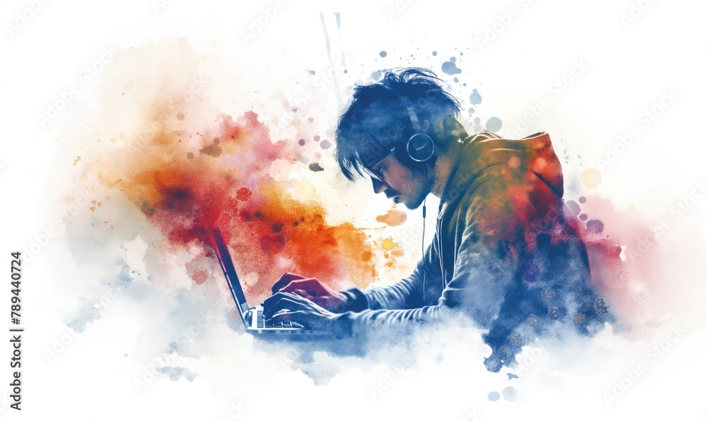 Professional male designer at work with his laptop or graphic tablet at his desk on white background artistic colorful watercolor painting for design courses or studying