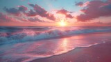 A calm, serene beach at sunset, with soft waves lapping at the shore and the sky painted in soothing hues of orange and pink.