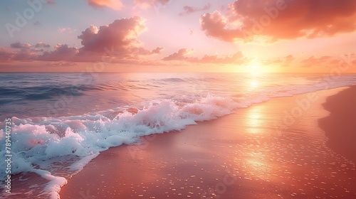 A calm, serene beach at sunset, with soft waves lapping at the shore and the sky painted in soothing hues of orange and pink.