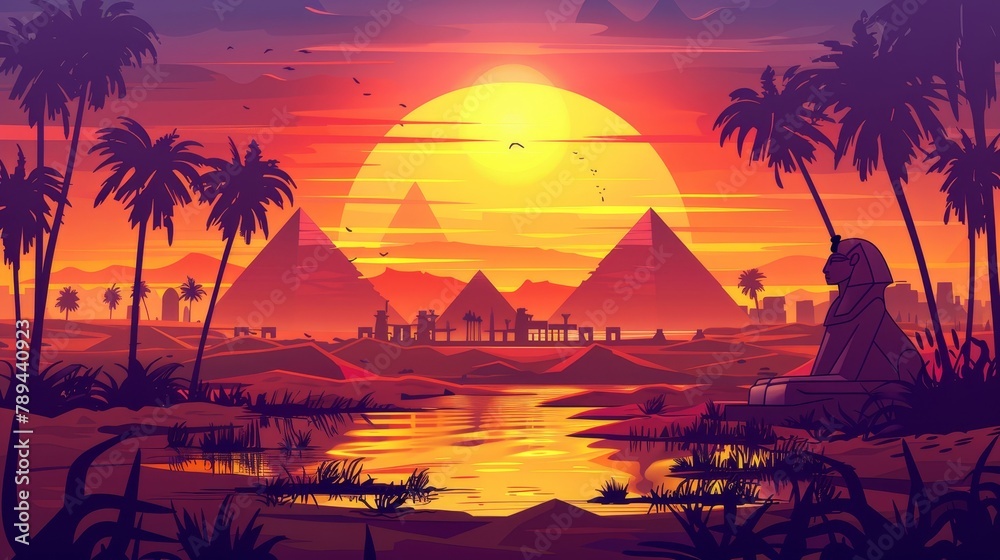 An Egyptian desert landscape with an oasis during sunrise or sunset. Cartoon modern landscape with palm trees and lakes on the skyline with pyramids and a sphinx. African summer scene with sand.