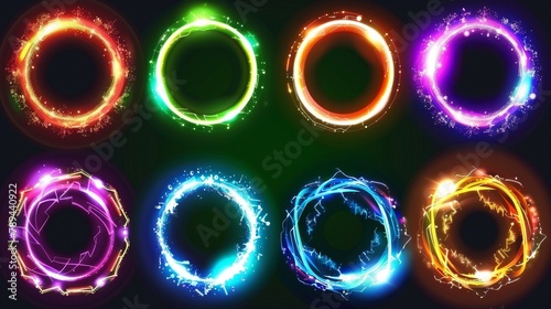 Fantastic portal with glowing neon effect. Modern illustration set of colorful glowing neon rings for traveling in space or time. Luminous teleportation technology.