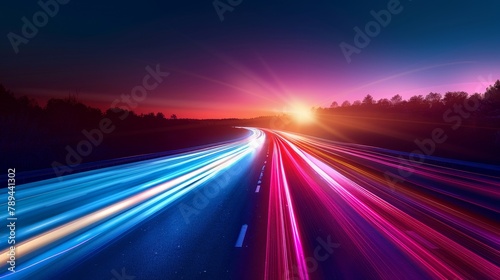 An effect of light speed motion on a blue and red background. Night flare on the street for fast movements. Neon race trail on the highway with color blur gradient. Trend of cyber networks velocity