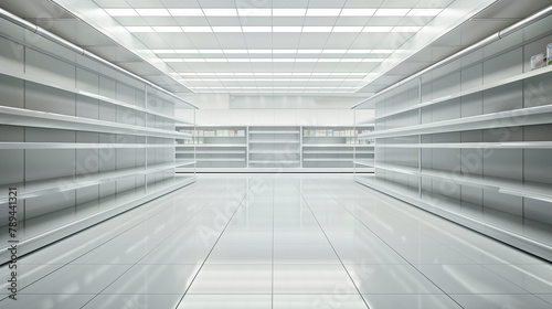 Modern empty supermarket interior with white shelves.