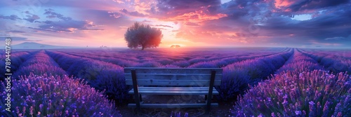 Lavender Fields at Sunset Endless rows of lavender under a sunset sky, the colors and scents blending into a serene panorama, with a stylized filter to enhance the dreamy effect
