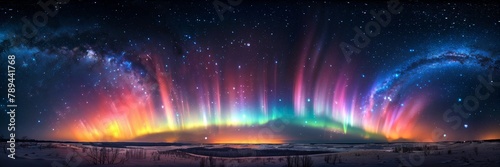 Northern Lights Panorama A spectacular display of the Aurora Borealis across a star-filled sky, captured in a wide panorama that shows the vastness of the night sky and the dance of colors photo