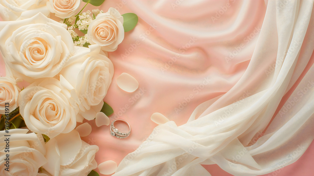 Fototapeta premium Top or above view of white roses and two engagement rings on pastel pink background. Romantic wedding jewelry background, luxury marriage celebration, love relationship commitment occasion or event