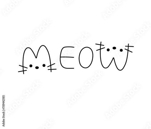 Vector isolated MEOW word lettering with cats colorless black and white contour line easy drawing photo