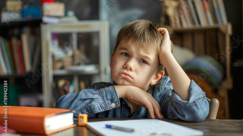 Stressed young pupil student, exhausted and frustrated preschool boy sitting at a desk or table in his room. Reading notebooks, homework deadline, toddler kid or child, studying for exam