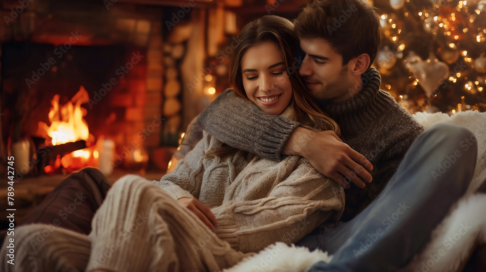 Young man and woman hugging near the fireplace. Young couple in love, happy husband and wife together in a warm cabin room interior. Cozy apartment indoor, relaxation on vacation