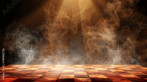 The 3d table top is modeled as a brown wood table with steam or smoke on a transparent background in the foreground. Foreground view is of a desk with wooden texture surface for presenting goods.