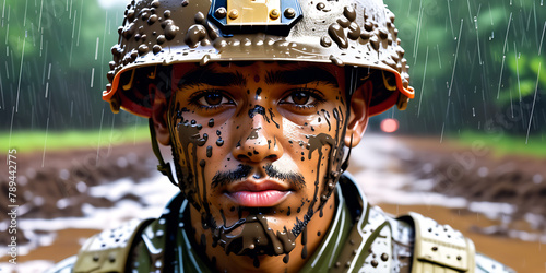 portrait of unemotional soldier in hardhat covered in mud looking at camera in the rain photo