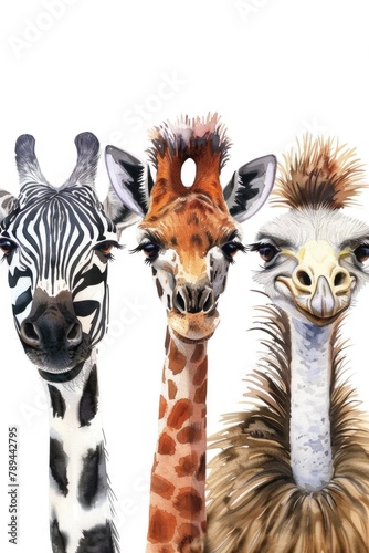 Group of three giraffes and an ostrich standing together. Suitable for wildlife and animal themes © Fotograf