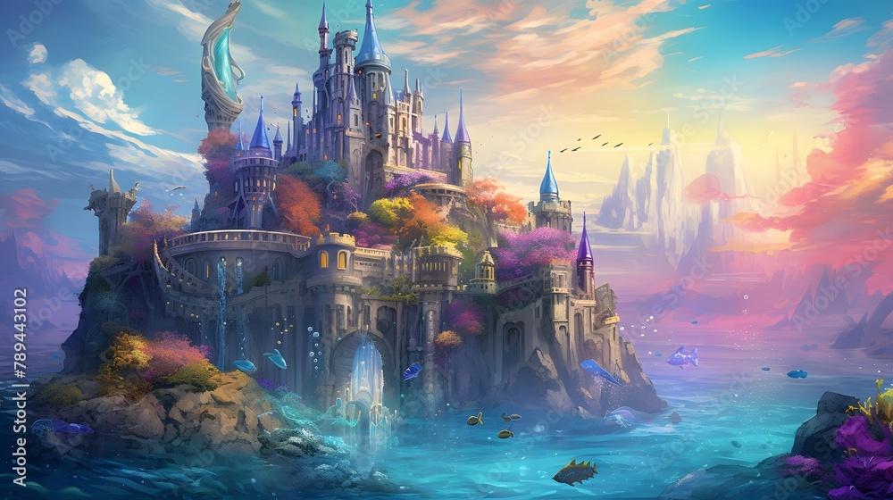 Fantasy landscape with fantasy castle on the ocean. Digital painting.