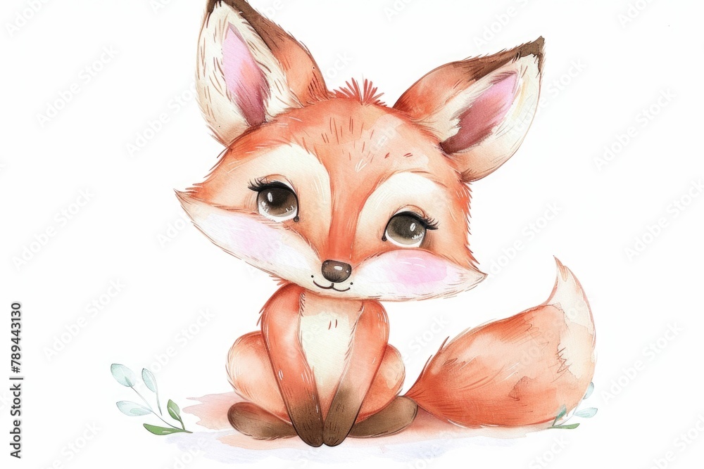 Obraz premium Adorable watercolor painting of a cute little fox, perfect for children's books or wildlife illustrations
