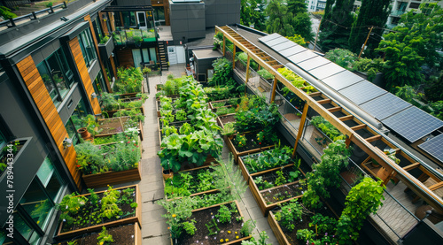 Sustainable living in the city - spacious rooftop garden with organic plants and herbs in many wooden beds.