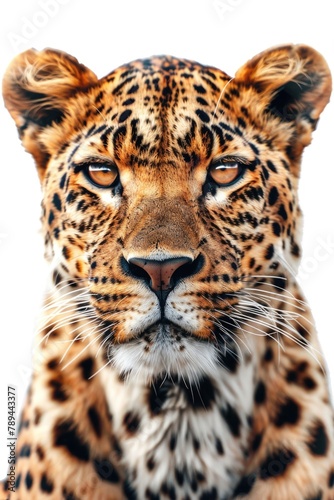 Close up of a leopard's face on a white background. Suitable for wildlife and animal themes © Fotograf