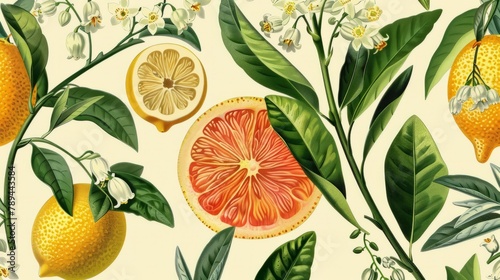A vintage print of bergamot, lemon, grapefruit, Lilly of the valley, in the style of [John James Audubon], light yellow background, detailed, vintage style.