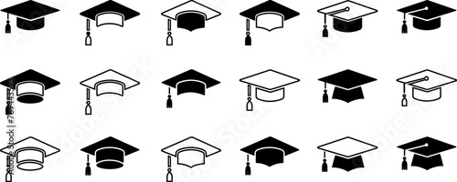 Graduation hat cap icons collection. Academic cap vector icons. Student hat simple black icon. Graduation and education symbol . 