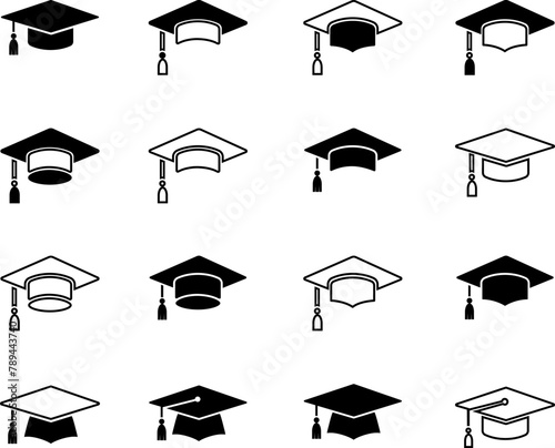 Graduation hat cap icons collection. Academic cap vector icons. Student hat simple black icon. Graduation and education symbol . 