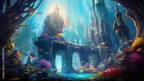 Fantasy underwater world. 3D rendering. Computer digital drawing.