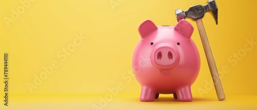 An image of a pink piggy bank with a hammer on a yellow background. 3D rendering