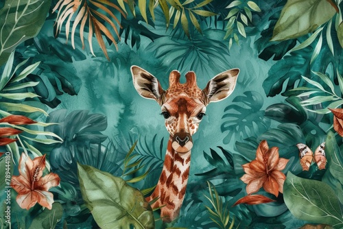 A painting of a giraffe surrounded by leaves and flowers. Suitable for nature-themed designs