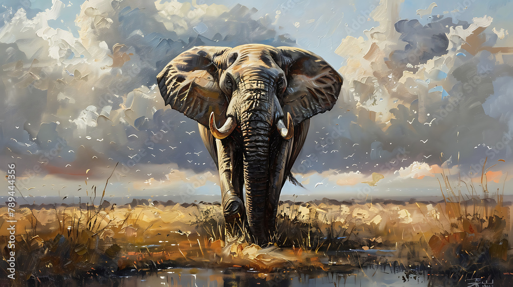 Fototapeta premium Oil painting elephant wallpaper the symbol of power and power of greatness.