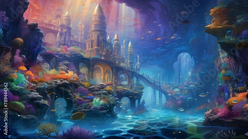 Fantasy landscape with a bridge in the middle of the ocean.