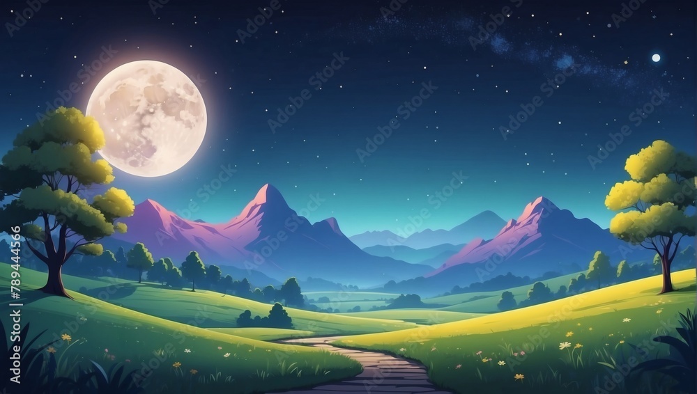Cartoon nature night summer landscape with moon, star. Colorful modern minimalistic concept render depicting a peaceful countryside view.