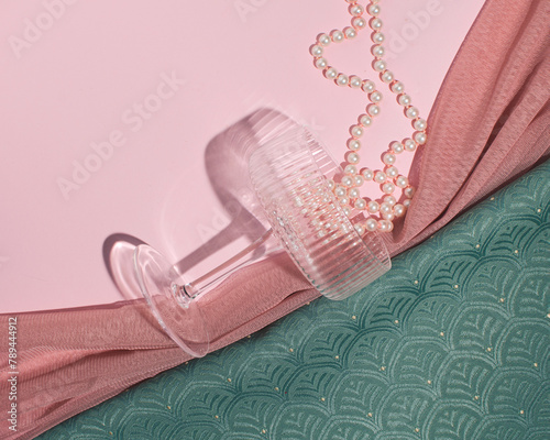 Art Deco style, creative concept, elegant, aesthetic champagne party, spilled drink,  pastel pink pearls necklace.