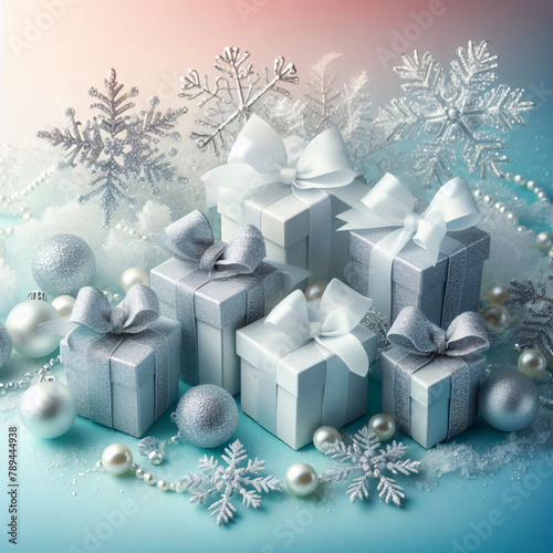 Frosty Gradient Elegance in Christmas time, small, shimmering silver gift boxes with delicate white bows are arranged in a cascading pattern, all within a blue icy entourage.