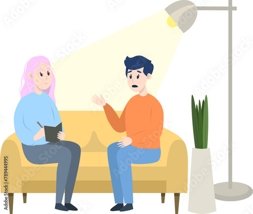 Psychotherapy session - man talking to psychologist sitting on sofa. Mental health concept, vector illustration in flat style