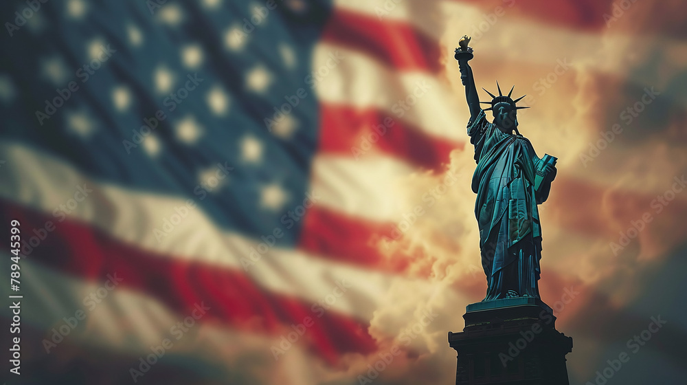 Obraz premium statue of liberty with USA flag in the background, 4th of july, independence day celebration, yankee pride