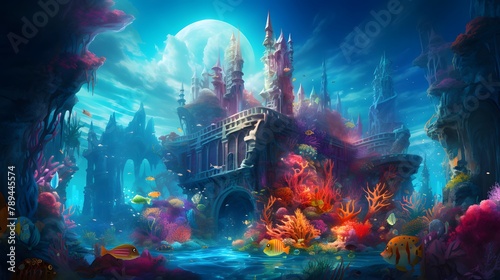 Underwater scene with a bridge and colorful fishes. Digital painting.